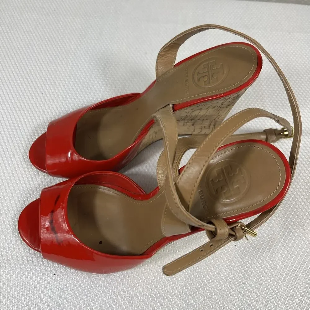 Tory Burch Red‎ Patent Leather Cork Wedge Ankle Strap Peep Toe Sandals size 7 M